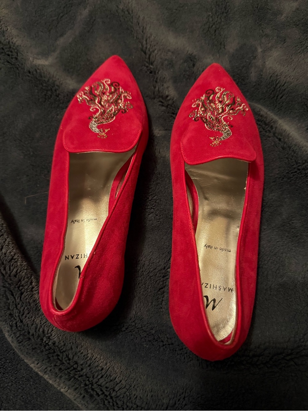Mashizan Fuchsia Suede Peacock Embroidered Pointed-Toe Flats NEW Deadstock 38.5